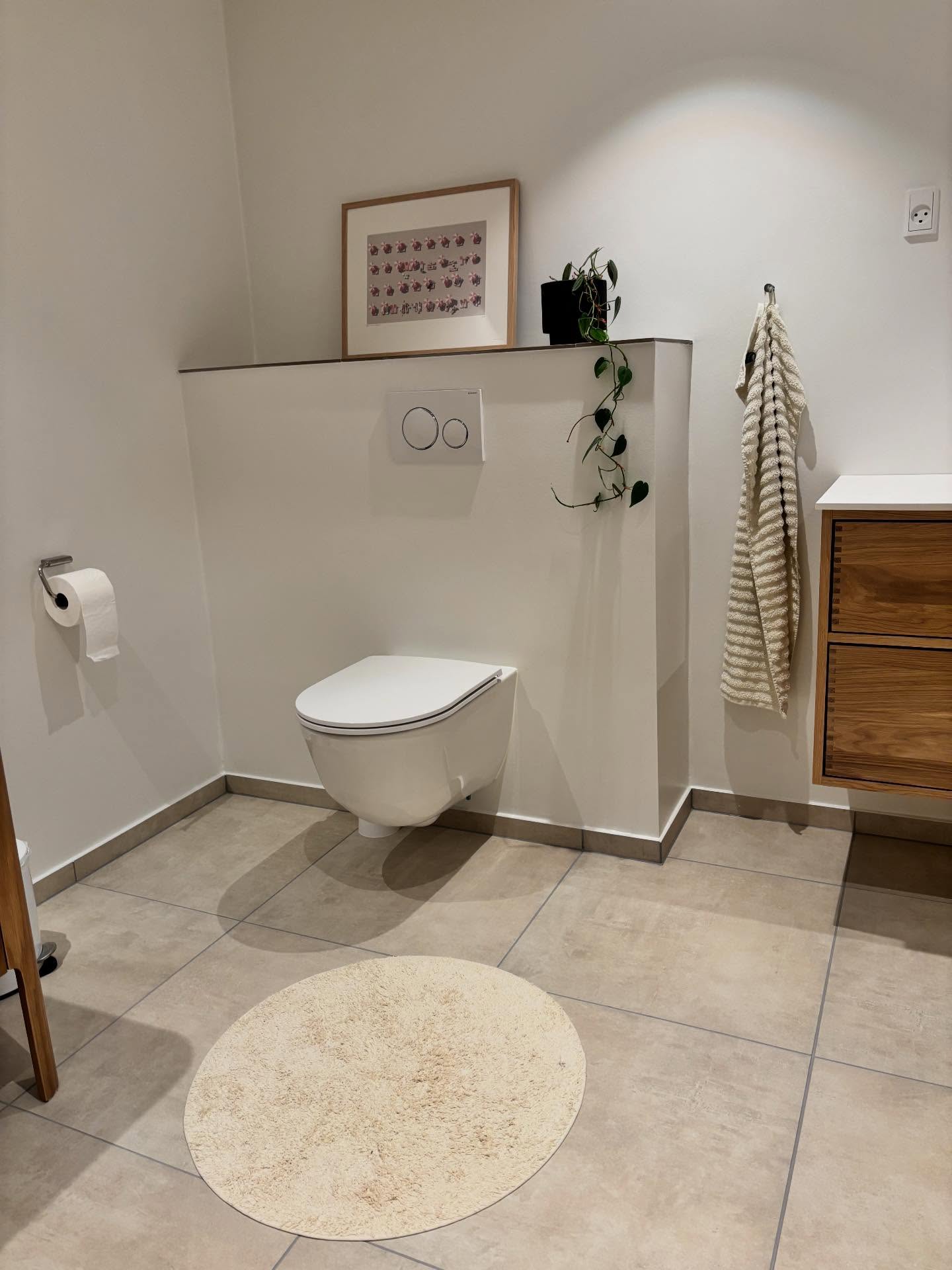 Væghængt toilet med forvæg, indbygget cisterne og egetræsmøbel