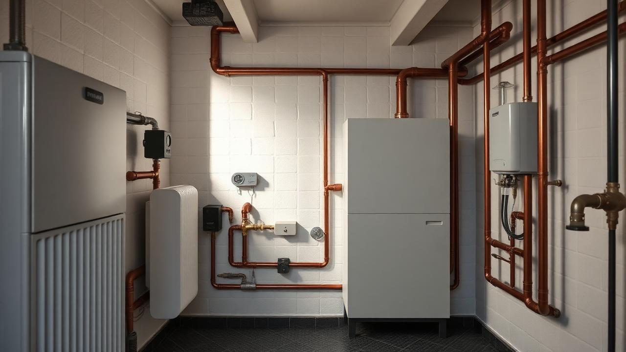 Centralvarmeanlæg med radiatorkreds og rørføring i et teknikrum